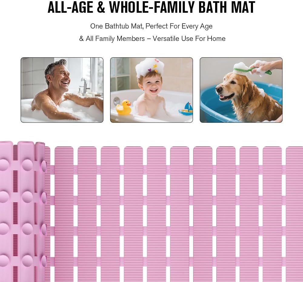 Bathtub Mat Non Slip, Shower Mat for Inside Shower, Suction Cups Design and Drain Holes, 27.5 X 15.7 Inch, Bathroom Essentials Safe, Easy to DIY Cut, Soft and Eco-Friendly Materials