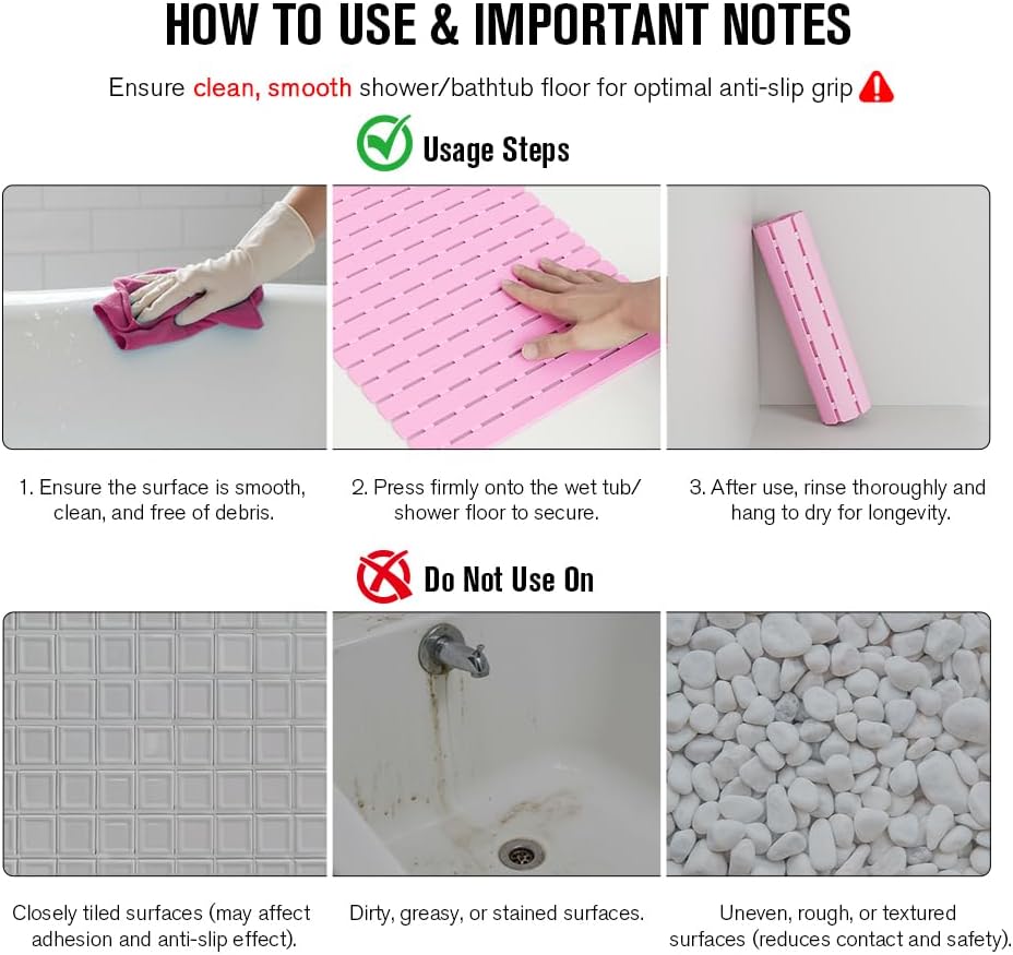 Bathtub Mat Non Slip, Shower Mat for Inside Shower, Suction Cups Design and Drain Holes, 27.5 X 15.7 Inch, Bathroom Essentials Safe, Easy to DIY Cut, Soft and Eco-Friendly Materials