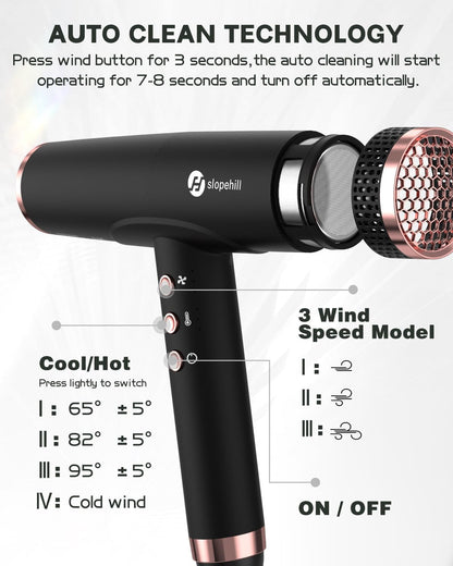 Professional Ionic Hair Dryer, High-Speed Blow Dryer with Brushless Motor for Salon Use, Lightweight Compact Hairdryer for Travel, Low Noise Quiet for Home, Ceramic Pink