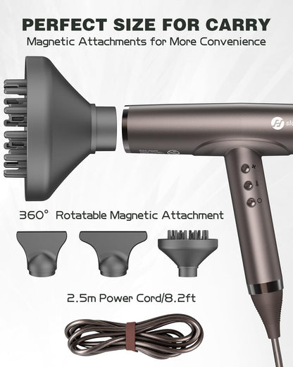 Professional Ionic Hair Dryer, High-Speed Blow Dryer with Brushless Motor for Salon Use, Lightweight Compact Hairdryer for Travel, Low Noise Quiet for Home, Ceramic Pink