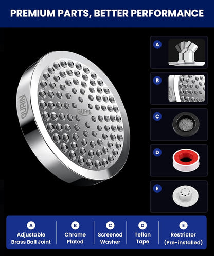 Shower Head - Luxury Polished Chrome Finish - Rain Showerhead 6 Inch | High Pressure Shower Heads with Adjustable Angles, 90 Anti-Clog Nozzles, Tool-Free 1-Min Install