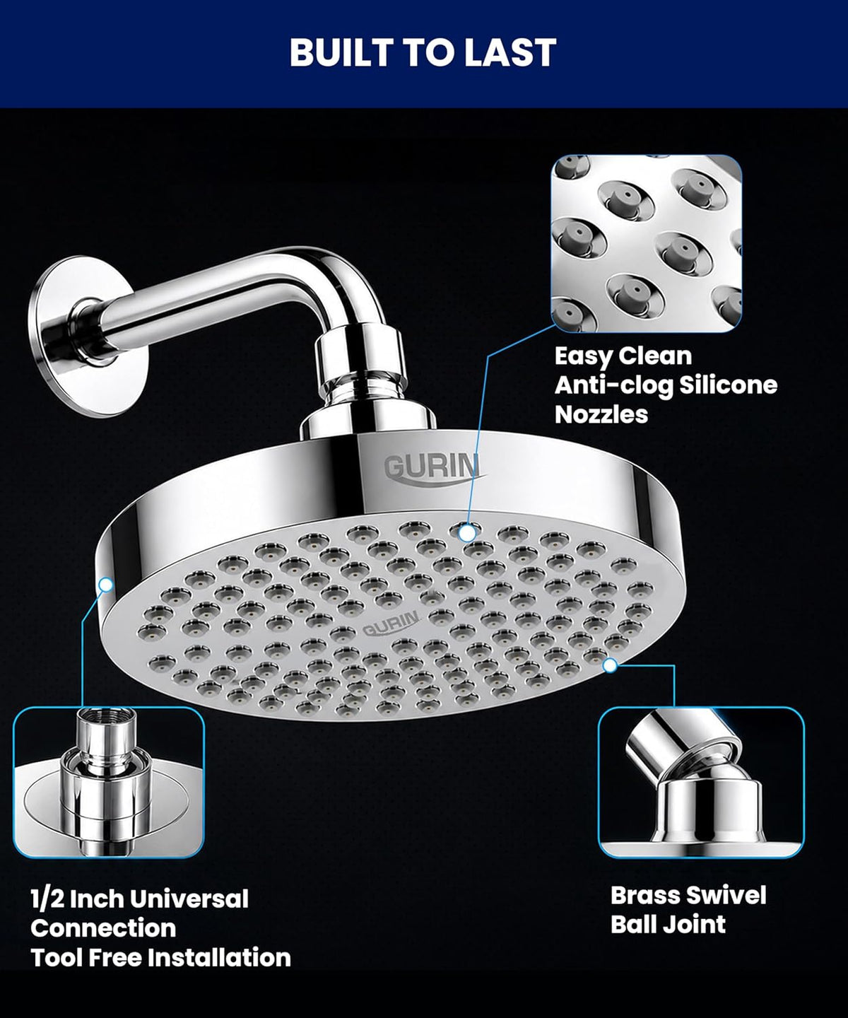 Shower Head - Luxury Polished Chrome Finish - Rain Showerhead 6 Inch | High Pressure Shower Heads with Adjustable Angles, 90 Anti-Clog Nozzles, Tool-Free 1-Min Install