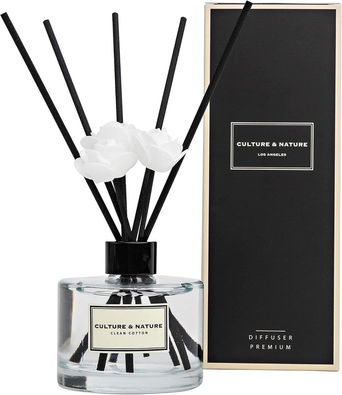 Reed Diffuser Set 6.7oz (200ml) Clean Cotton Scented Diffuser with Sticks Home Fragrance Reed Diffuser for Bathroom Shelf Decor