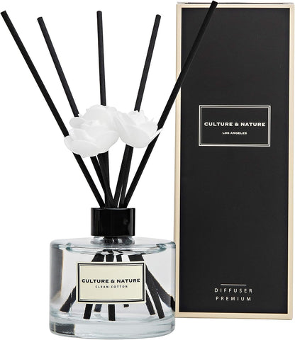 Reed Diffuser Set 6.7oz (200ml) Clean Cotton Scented Diffuser with Sticks Home Fragrance Reed Diffuser for Bathroom Shelf Decor