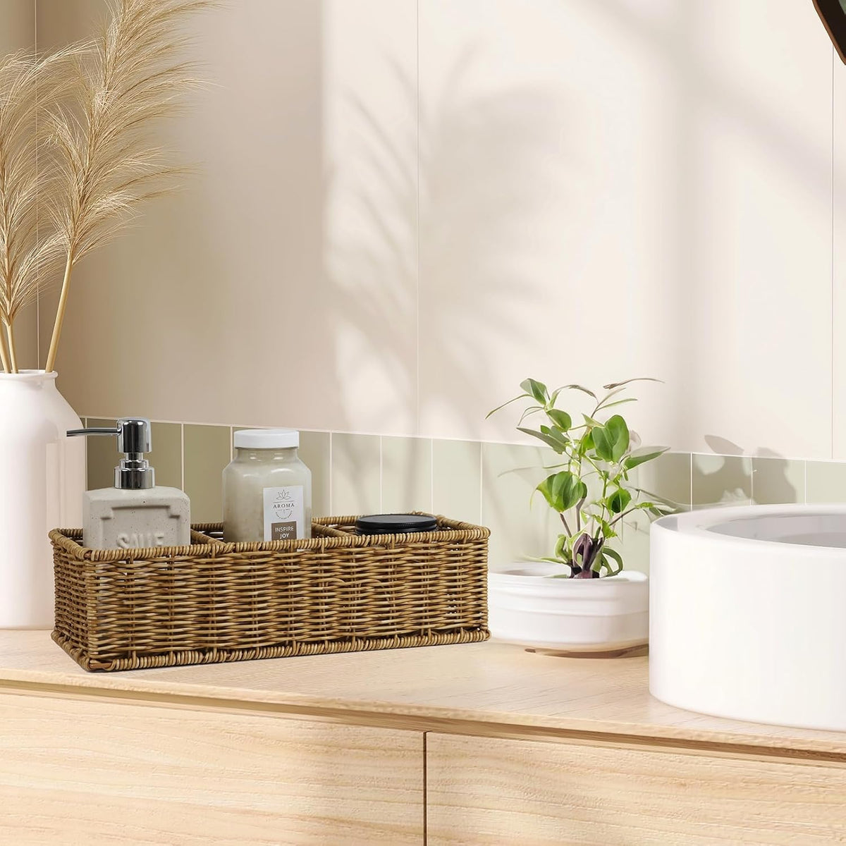 Waterproof Wicker Bathroom Basket with 3 Compartments, Light Brown | Toilet Tank Basket, Vanity Counter Organizer, Toilet Paper Storage, Built-In Dividers, Handwoven Look
