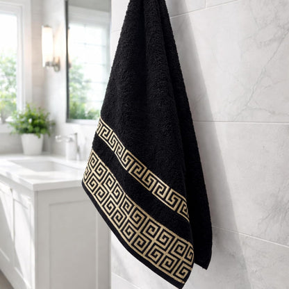 Luxury Bath Towel Set with Greek Key Design - 100% Cotton Soft & Absorbent Bathroom 27x54 in Extra Large Towels - Quick Dry, Plush & Durable - Black Towels Set for Home, Spa & Hotel Use AA1