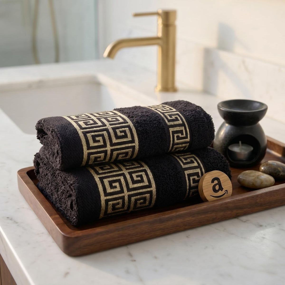 Luxury Bath Towel Set with Greek Key Design - 100% Cotton Soft & Absorbent Bathroom 27x54 in Extra Large Towels - Quick Dry, Plush & Durable - Black Towels Set for Home, Spa & Hotel Use AA1
