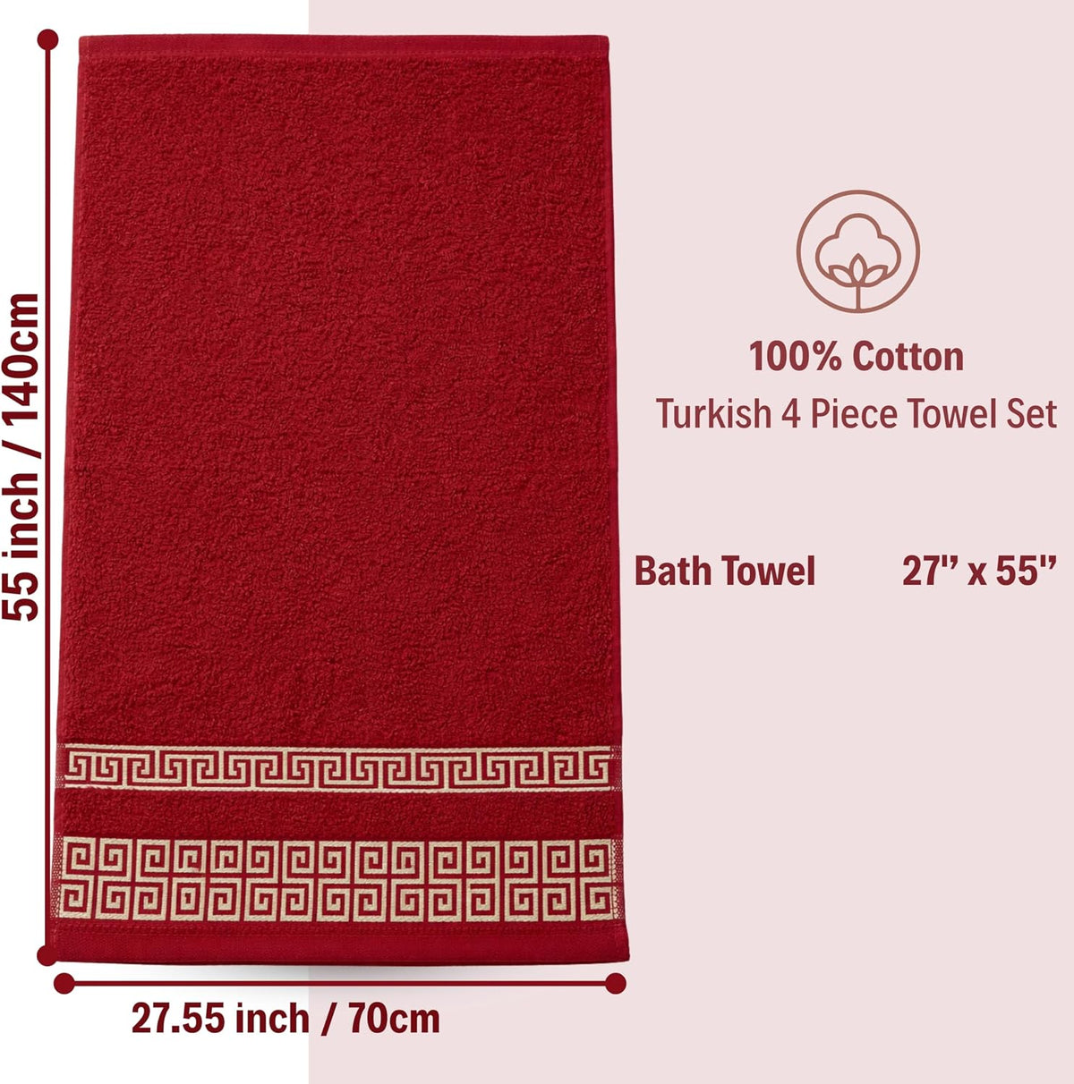 Luxury Bath Towel Set with Greek Key Design - 100% Cotton Soft & Absorbent Bathroom 27x54 in Extra Large Towels - Quick Dry, Plush & Durable - Black Towels Set for Home, Spa & Hotel Use AA1