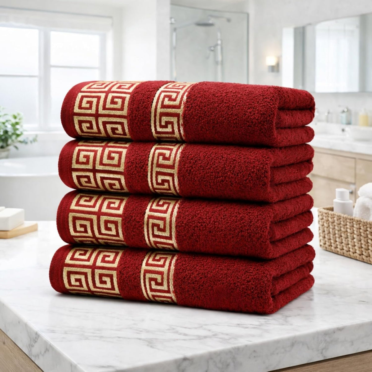 Luxury Bath Towel Set with Greek Key Design - 100% Cotton Soft & Absorbent Bathroom 27x54 in Extra Large Towels - Quick Dry, Plush & Durable - Black Towels Set for Home, Spa & Hotel Use AA1