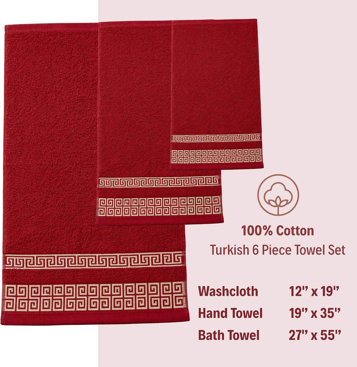 Luxury Bath Towel Set with Greek Key Design - 100% Cotton Soft & Absorbent Bathroom 27x54 in Extra Large Towels - Quick Dry, Plush & Durable - Black Towels Set for Home, Spa & Hotel Use AA1