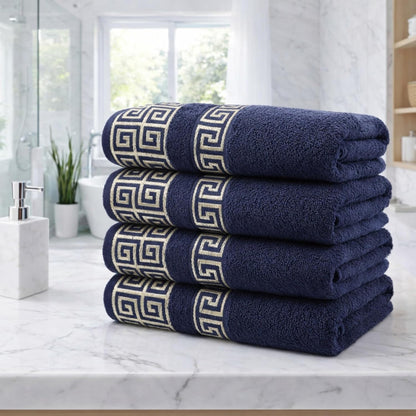 Luxury Bath Towel Set with Greek Key Design - 100% Cotton Soft & Absorbent Bathroom 27x54 in Extra Large Towels - Quick Dry, Plush & Durable - Black Towels Set for Home, Spa & Hotel Use AA1