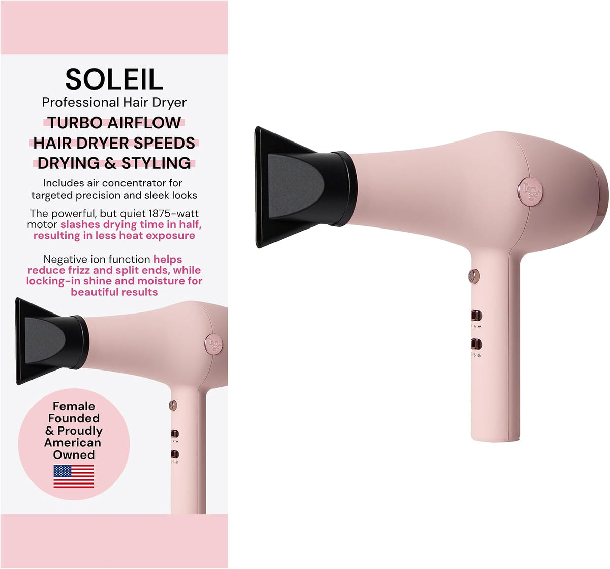 Soleil Professional Hair Dryer | Fast Drying Ionic Blow Dryer for Frizz-Free Results | 3 Heat Settings with Cool Shot Feature | Lightweight Hairdryer with Concentrator 1875W | Blush