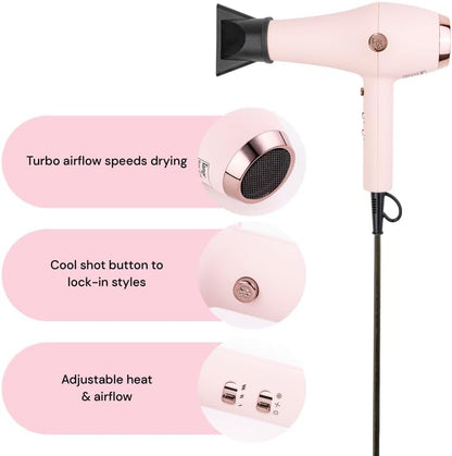 Soleil Professional Hair Dryer | Fast Drying Ionic Blow Dryer for Frizz-Free Results | 3 Heat Settings with Cool Shot Feature | Lightweight Hairdryer with Concentrator 1875W | Blush