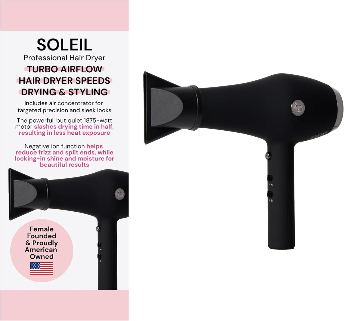 Soleil Professional Hair Dryer | Fast Drying Ionic Blow Dryer for Frizz-Free Results | 3 Heat Settings with Cool Shot Feature | Lightweight Hairdryer with Concentrator 1875W | Blush