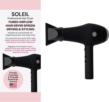 Soleil Professional Hair Dryer | Fast Drying Ionic Blow Dryer for Frizz-Free Results | 3 Heat Settings with Cool Shot Feature | Lightweight Hairdryer with Concentrator 1875W | Blush