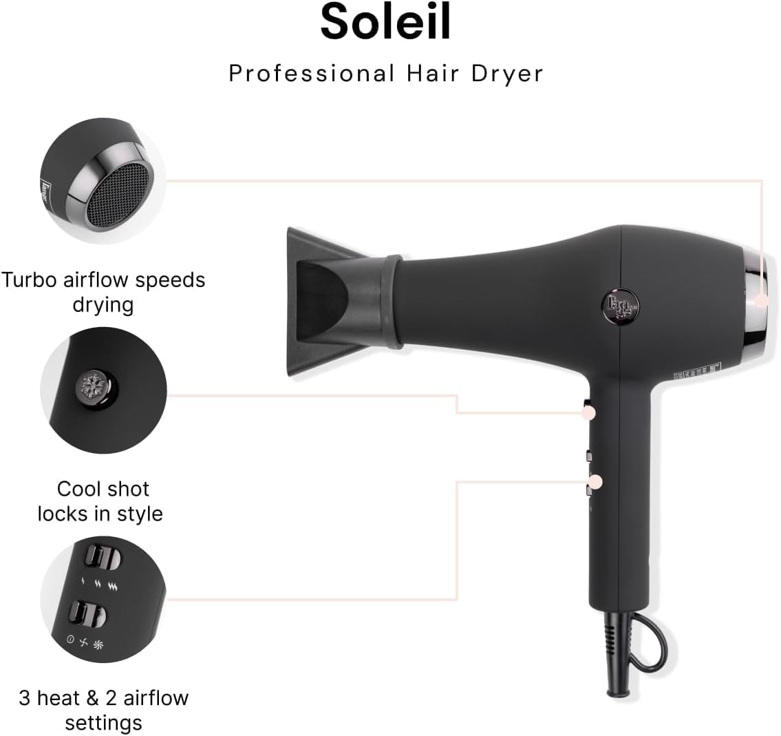 Soleil Professional Hair Dryer | Fast Drying Ionic Blow Dryer for Frizz-Free Results | 3 Heat Settings with Cool Shot Feature | Lightweight Hairdryer with Concentrator 1875W | Blush
