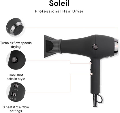 Soleil Professional Hair Dryer | Fast Drying Ionic Blow Dryer for Frizz-Free Results | 3 Heat Settings with Cool Shot Feature | Lightweight Hairdryer with Concentrator 1875W | Blush