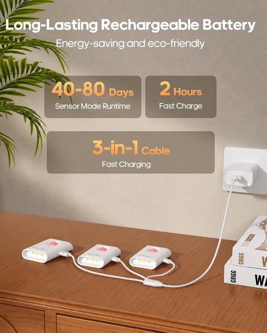 2-Pack Magnetic Motion Sensor Night Light with Rechargeable Battery | Portable Mini 3000K Warm White LED Nightlight, Dimmable Light for Stair, Bathroom, Hallway, Toilet, Bedroom, Cruise