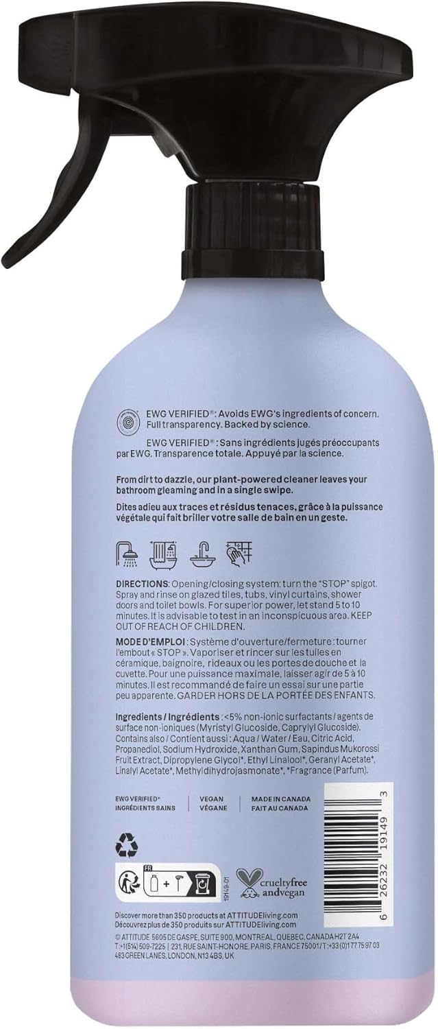 Bathroom Cleaner Spray, EWG Verified, Plant-Based & Vegan, Safe for Bathroom Surfaces, Tiles, Tubs, Shower Walls, and Grout, Citrus Zest Scent, 27.1 Fl Oz