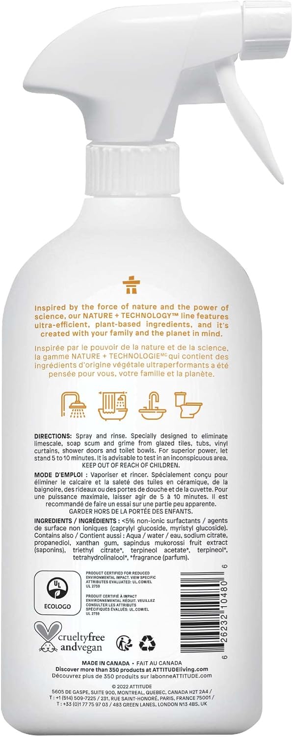 Bathroom Cleaner Spray, EWG Verified, Plant-Based & Vegan, Safe for Bathroom Surfaces, Tiles, Tubs, Shower Walls, and Grout, Citrus Zest Scent, 27.1 Fl Oz