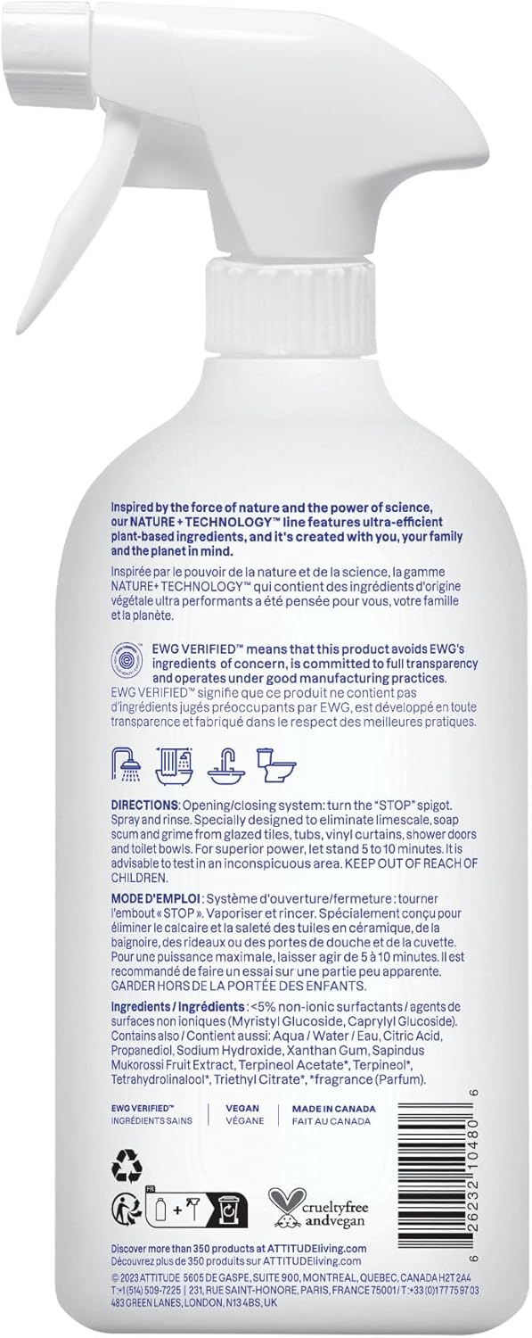 Bathroom Cleaner Spray, EWG Verified, Plant-Based & Vegan, Safe for Bathroom Surfaces, Tiles, Tubs, Shower Walls, and Grout, Citrus Zest Scent, 27.1 Fl Oz