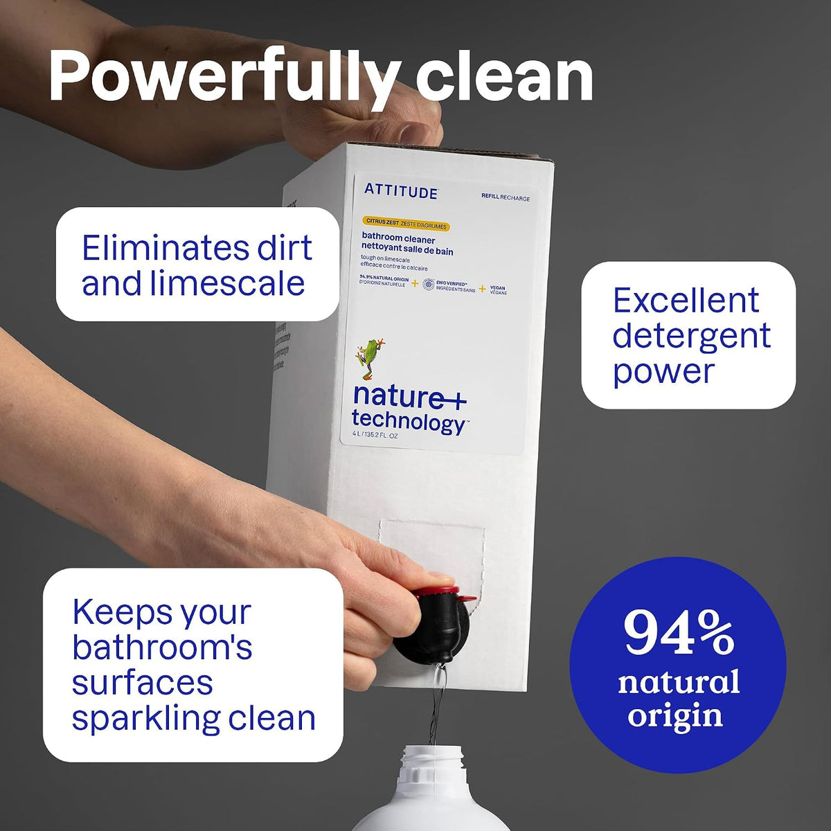Bathroom Cleaner Spray, EWG Verified, Plant-Based & Vegan, Safe for Bathroom Surfaces, Tiles, Tubs, Shower Walls, and Grout, Citrus Zest Scent, 27.1 Fl Oz