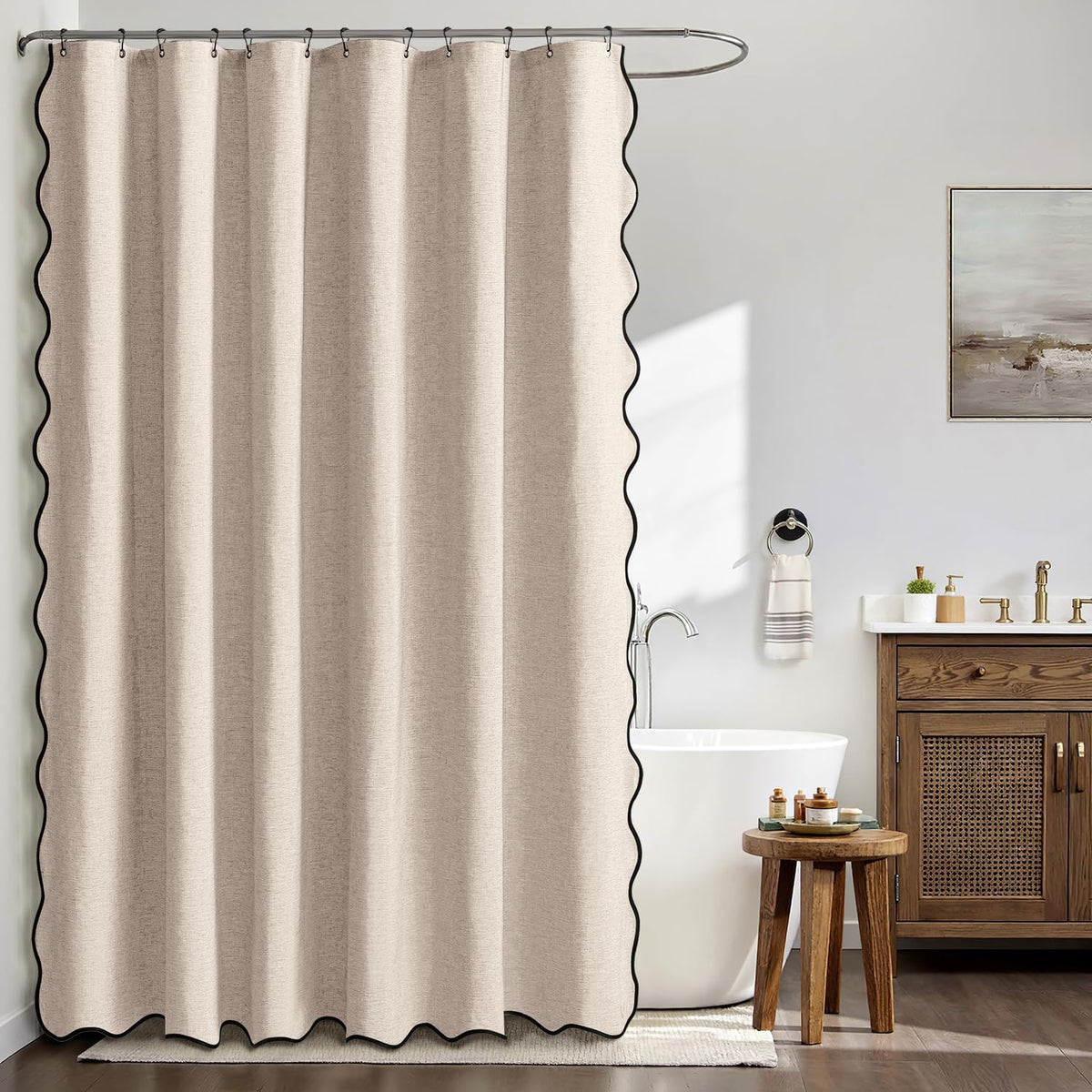 Beige Scalloped Shower Curtain Linen Textured with 12 Metal Hooks Cute Heavy Duty Washable Waterproof Neutral Thick Cloth Shower Curtains with Black Border for Bathroom Bathtub,W72*L72 Cream