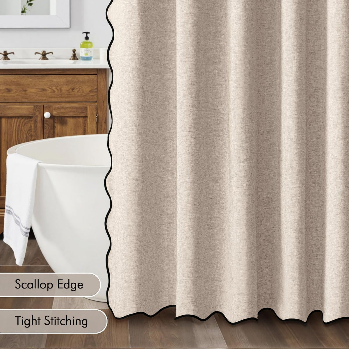 Beige Scalloped Shower Curtain Linen Textured with 12 Metal Hooks Cute Heavy Duty Washable Waterproof Neutral Thick Cloth Shower Curtains with Black Border for Bathroom Bathtub,W72*L72 Cream