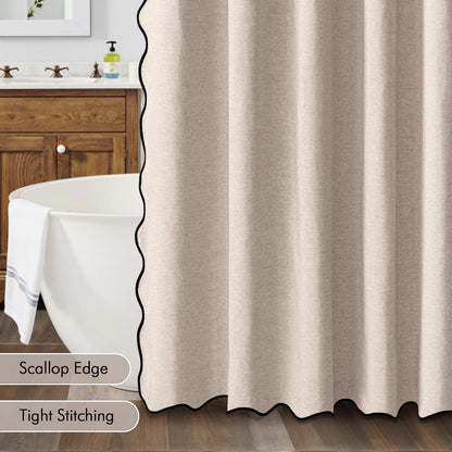 Beige Scalloped Shower Curtain Linen Textured with 12 Metal Hooks Cute Heavy Duty Washable Waterproof Neutral Thick Cloth Shower Curtains with Black Border for Bathroom Bathtub,W72*L72 Cream