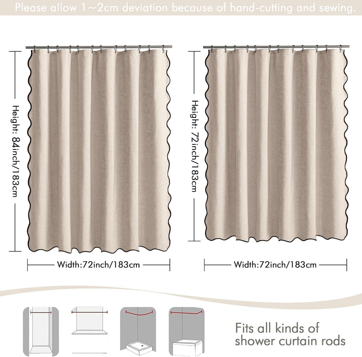 Beige Scalloped Shower Curtain Linen Textured with 12 Metal Hooks Cute Heavy Duty Washable Waterproof Neutral Thick Cloth Shower Curtains with Black Border for Bathroom Bathtub,W72*L72 Cream