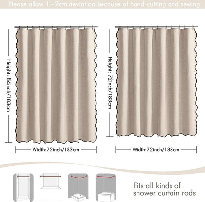 Beige Scalloped Shower Curtain Linen Textured with 12 Metal Hooks Cute Heavy Duty Washable Waterproof Neutral Thick Cloth Shower Curtains with Black Border for Bathroom Bathtub,W72*L72 Cream