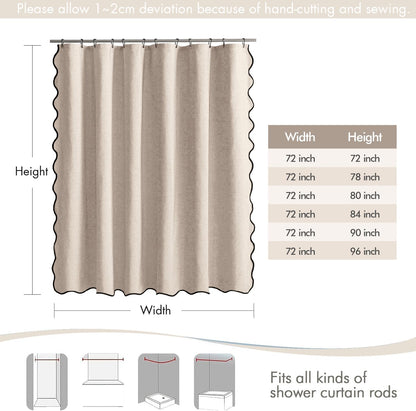 Beige Scalloped Shower Curtain Linen Textured with 12 Metal Hooks Cute Heavy Duty Washable Waterproof Neutral Thick Cloth Shower Curtains with Black Border for Bathroom Bathtub,W72*L72 Cream