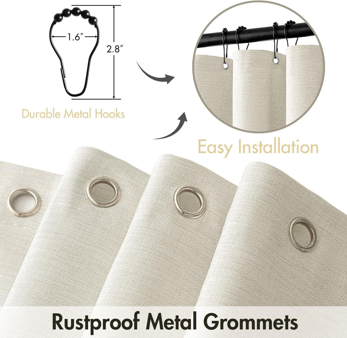 Beige Scalloped Shower Curtain Linen Textured with 12 Metal Hooks Cute Heavy Duty Washable Waterproof Neutral Thick Cloth Shower Curtains with Black Border for Bathroom Bathtub,W72*L72 Cream