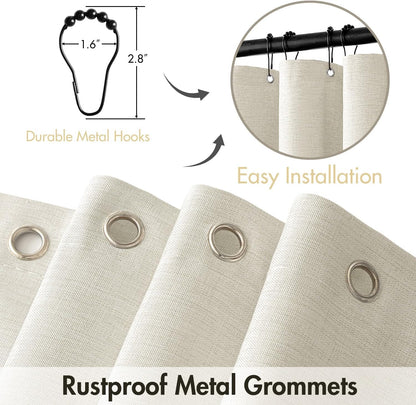 Beige Scalloped Shower Curtain Linen Textured with 12 Metal Hooks Cute Heavy Duty Washable Waterproof Neutral Thick Cloth Shower Curtains with Black Border for Bathroom Bathtub,W72*L72 Cream
