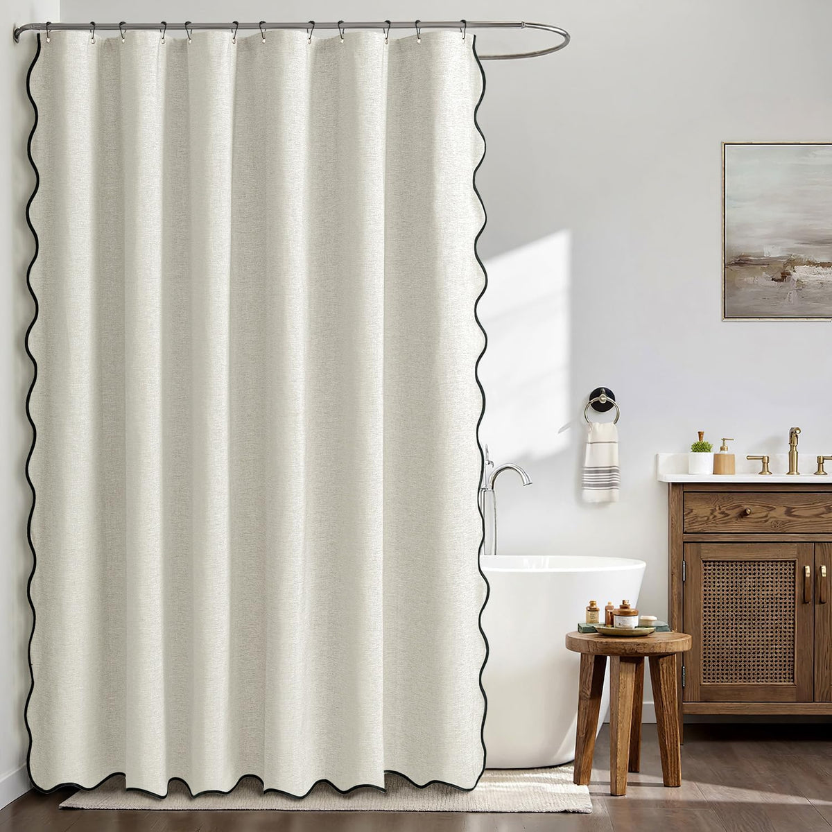 Beige Scalloped Shower Curtain Linen Textured with 12 Metal Hooks Cute Heavy Duty Washable Waterproof Neutral Thick Cloth Shower Curtains with Black Border for Bathroom Bathtub,W72*L72 Cream