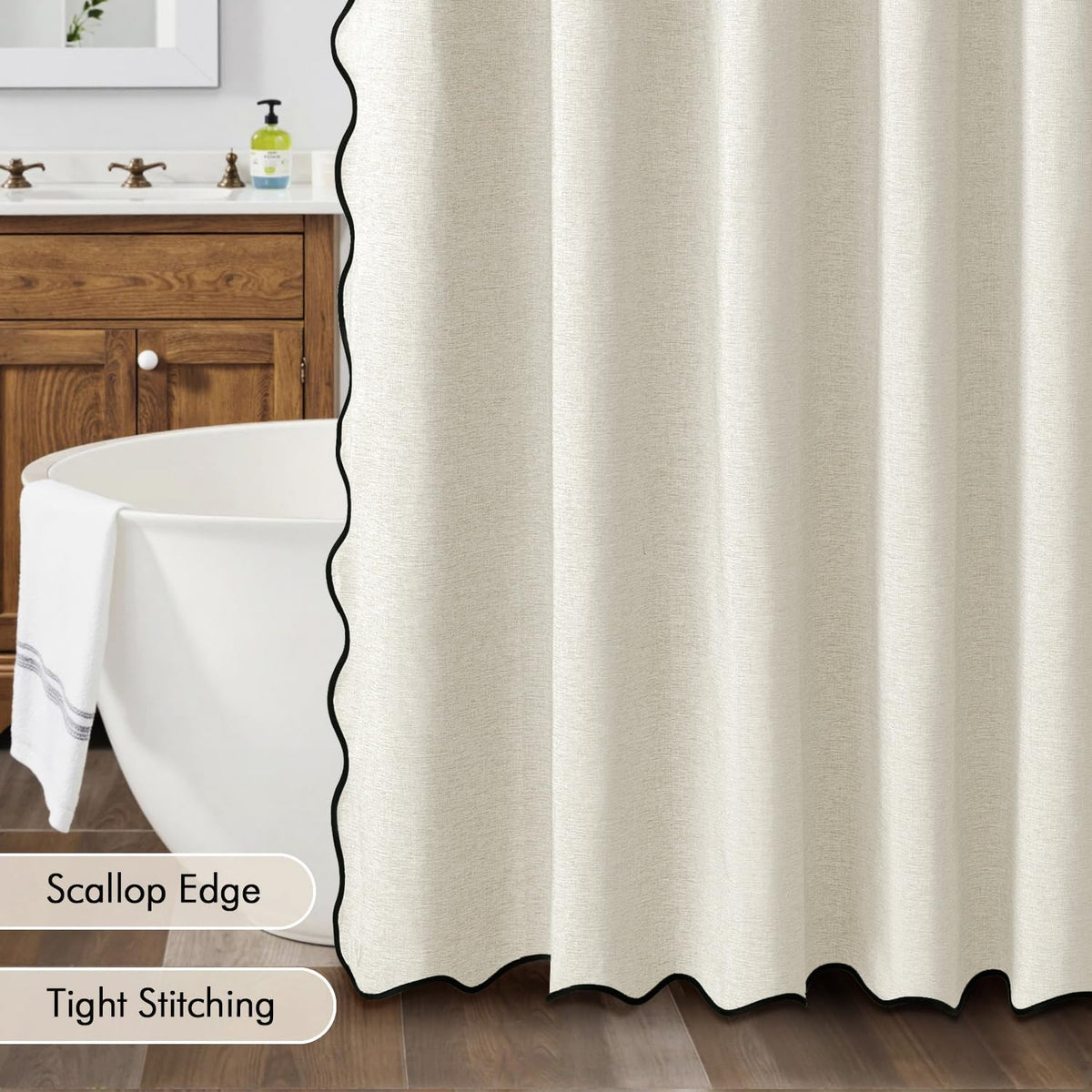 Beige Scalloped Shower Curtain Linen Textured with 12 Metal Hooks Cute Heavy Duty Washable Waterproof Neutral Thick Cloth Shower Curtains with Black Border for Bathroom Bathtub,W72*L72 Cream
