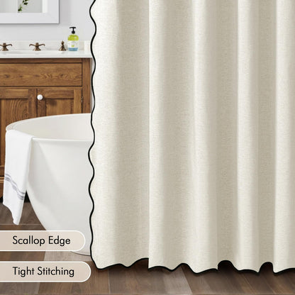 Beige Scalloped Shower Curtain Linen Textured with 12 Metal Hooks Cute Heavy Duty Washable Waterproof Neutral Thick Cloth Shower Curtains with Black Border for Bathroom Bathtub,W72*L72 Cream