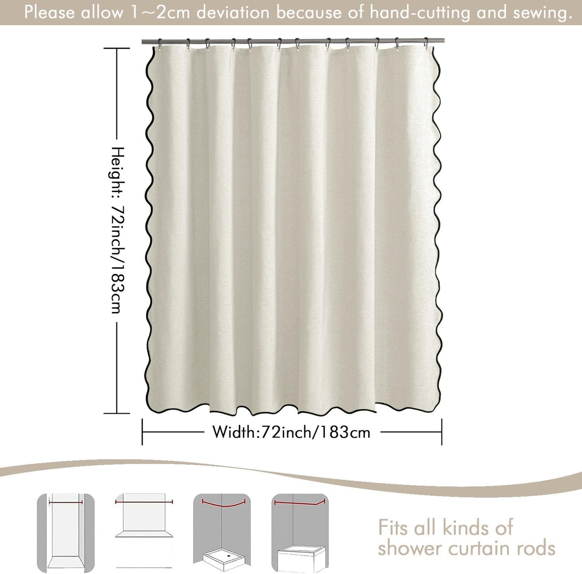Beige Scalloped Shower Curtain Linen Textured with 12 Metal Hooks Cute Heavy Duty Washable Waterproof Neutral Thick Cloth Shower Curtains with Black Border for Bathroom Bathtub,W72*L72 Cream