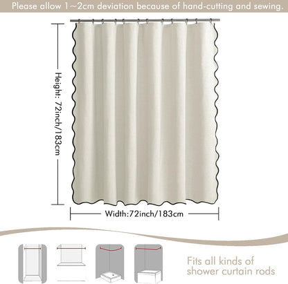 Beige Scalloped Shower Curtain Linen Textured with 12 Metal Hooks Cute Heavy Duty Washable Waterproof Neutral Thick Cloth Shower Curtains with Black Border for Bathroom Bathtub,W72*L72 Cream