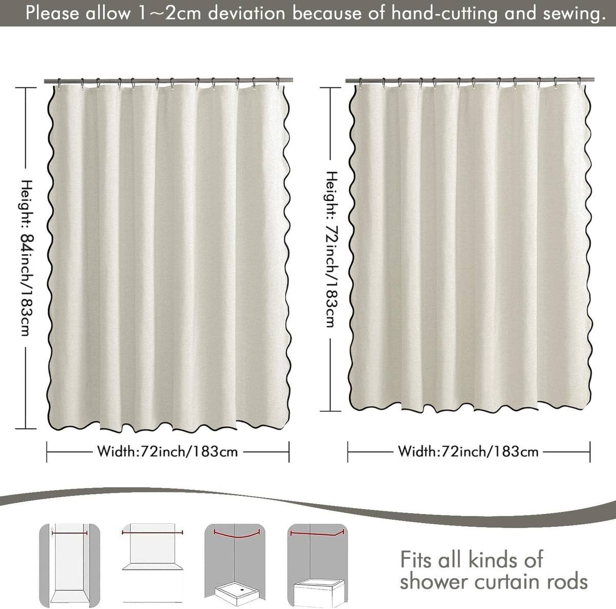 Beige Scalloped Shower Curtain Linen Textured with 12 Metal Hooks Cute Heavy Duty Washable Waterproof Neutral Thick Cloth Shower Curtains with Black Border for Bathroom Bathtub,W72*L72 Cream