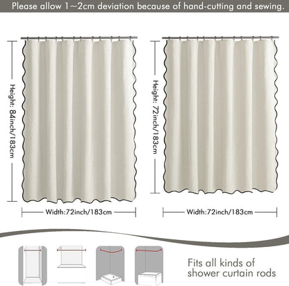 Beige Scalloped Shower Curtain Linen Textured with 12 Metal Hooks Cute Heavy Duty Washable Waterproof Neutral Thick Cloth Shower Curtains with Black Border for Bathroom Bathtub,W72*L72 Cream