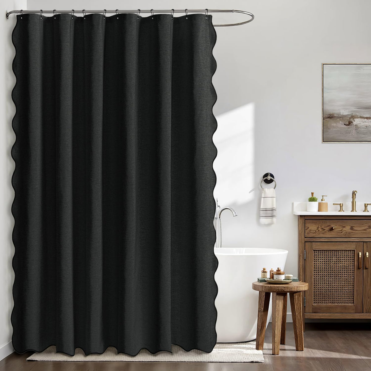 Beige Scalloped Shower Curtain Linen Textured with 12 Metal Hooks Cute Heavy Duty Washable Waterproof Neutral Thick Cloth Shower Curtains with Black Border for Bathroom Bathtub,W72*L72 Cream
