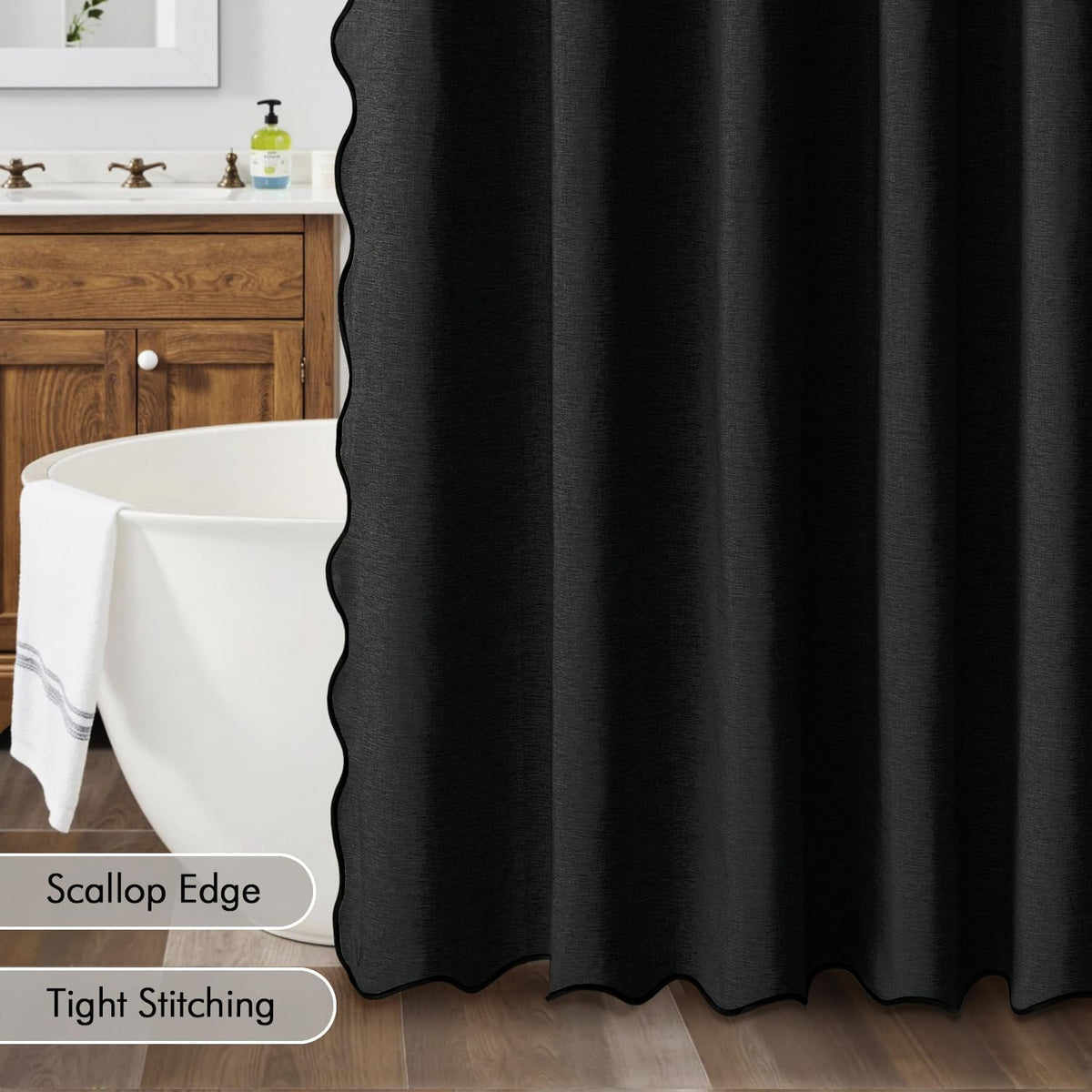 Beige Scalloped Shower Curtain Linen Textured with 12 Metal Hooks Cute Heavy Duty Washable Waterproof Neutral Thick Cloth Shower Curtains with Black Border for Bathroom Bathtub,W72*L72 Cream