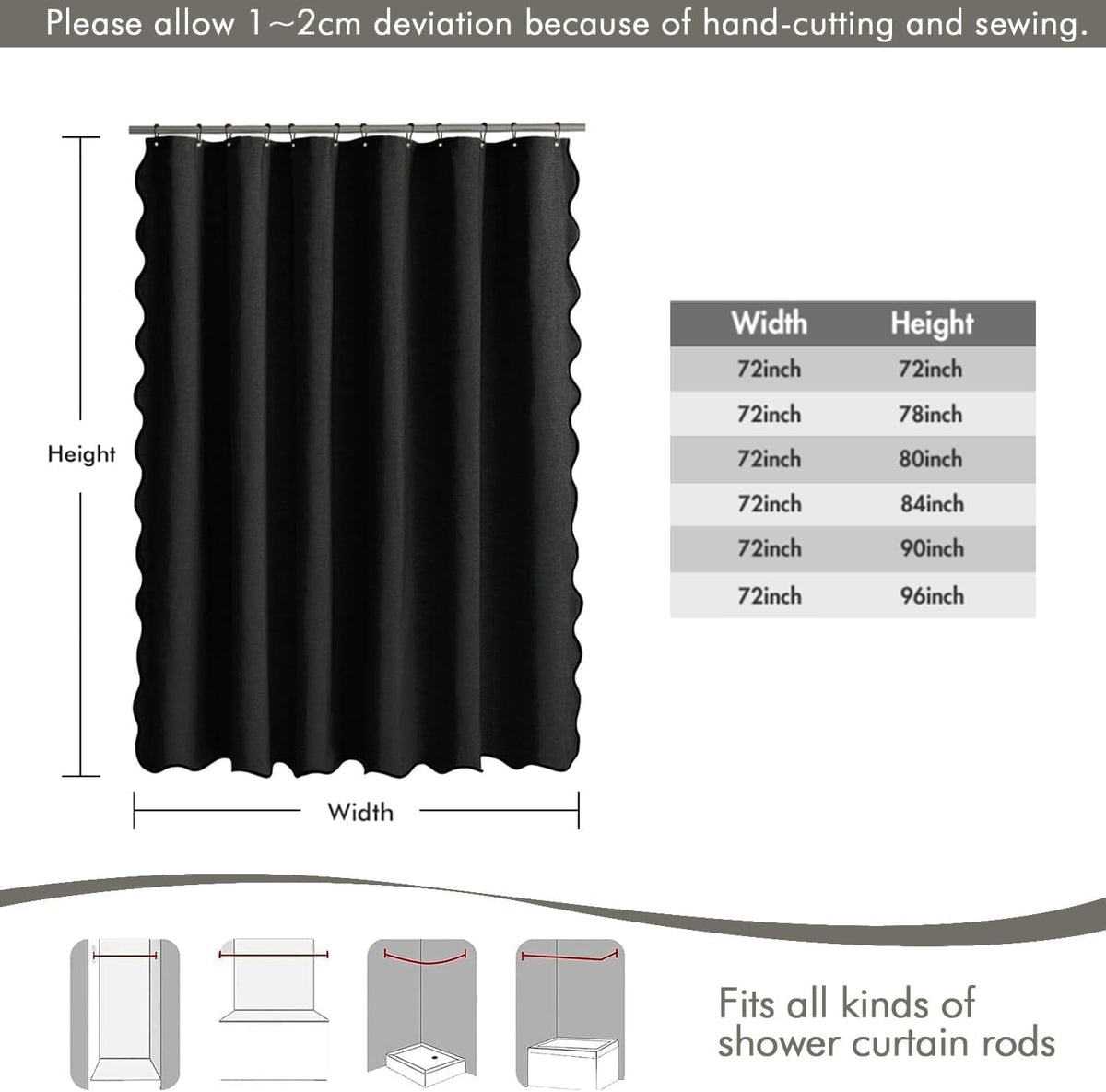 Beige Scalloped Shower Curtain Linen Textured with 12 Metal Hooks Cute Heavy Duty Washable Waterproof Neutral Thick Cloth Shower Curtains with Black Border for Bathroom Bathtub,W72*L72 Cream