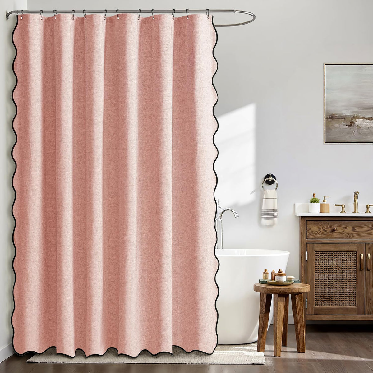 Beige Scalloped Shower Curtain Linen Textured with 12 Metal Hooks Cute Heavy Duty Washable Waterproof Neutral Thick Cloth Shower Curtains with Black Border for Bathroom Bathtub,W72*L72 Cream