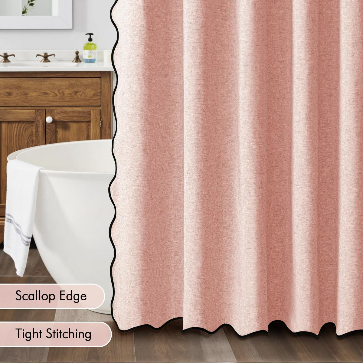Beige Scalloped Shower Curtain Linen Textured with 12 Metal Hooks Cute Heavy Duty Washable Waterproof Neutral Thick Cloth Shower Curtains with Black Border for Bathroom Bathtub,W72*L72 Cream