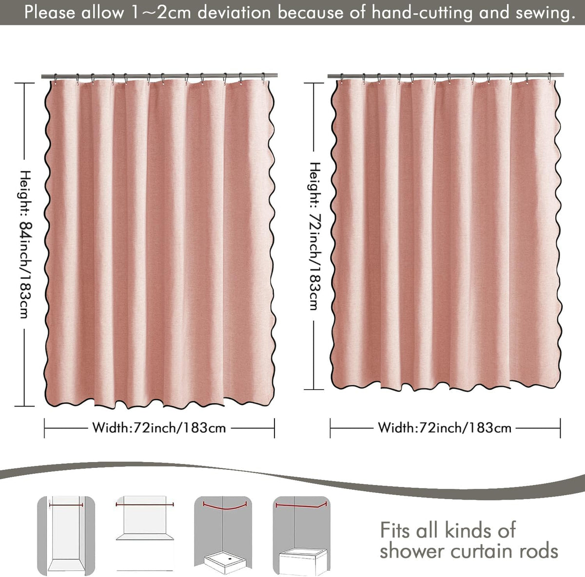 Beige Scalloped Shower Curtain Linen Textured with 12 Metal Hooks Cute Heavy Duty Washable Waterproof Neutral Thick Cloth Shower Curtains with Black Border for Bathroom Bathtub,W72*L72 Cream