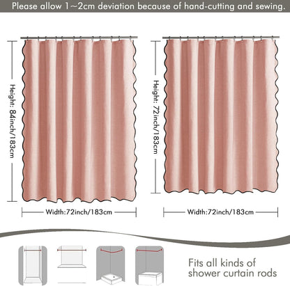 Beige Scalloped Shower Curtain Linen Textured with 12 Metal Hooks Cute Heavy Duty Washable Waterproof Neutral Thick Cloth Shower Curtains with Black Border for Bathroom Bathtub,W72*L72 Cream