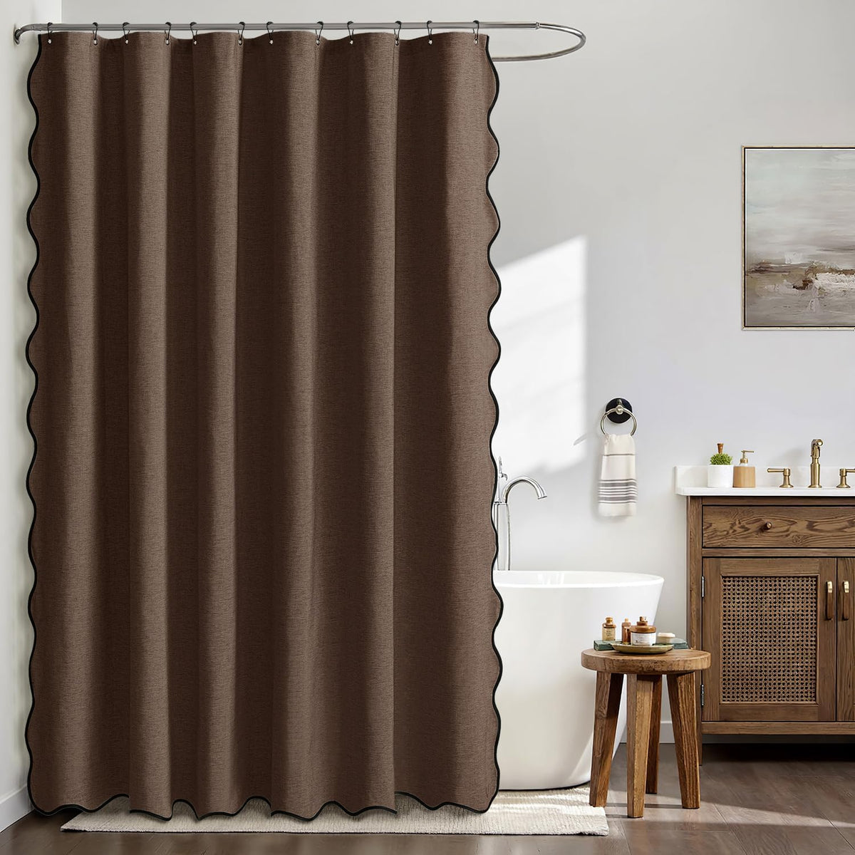 Beige Scalloped Shower Curtain Linen Textured with 12 Metal Hooks Cute Heavy Duty Washable Waterproof Neutral Thick Cloth Shower Curtains with Black Border for Bathroom Bathtub,W72*L72 Cream
