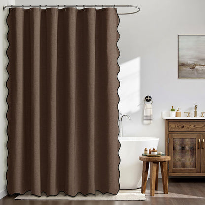 Beige Scalloped Shower Curtain Linen Textured with 12 Metal Hooks Cute Heavy Duty Washable Waterproof Neutral Thick Cloth Shower Curtains with Black Border for Bathroom Bathtub,W72*L72 Cream